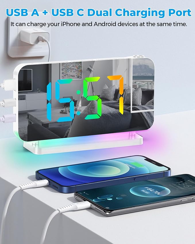 SZELAM Projection Alarm Clock,7.4" LED Mirror Digital Clocks Large Display,with 180° Rotatable Projector,RGB Night Light,USB C Port,Auto Dimming,Modern Desk Clock for Bedroom Decor - White