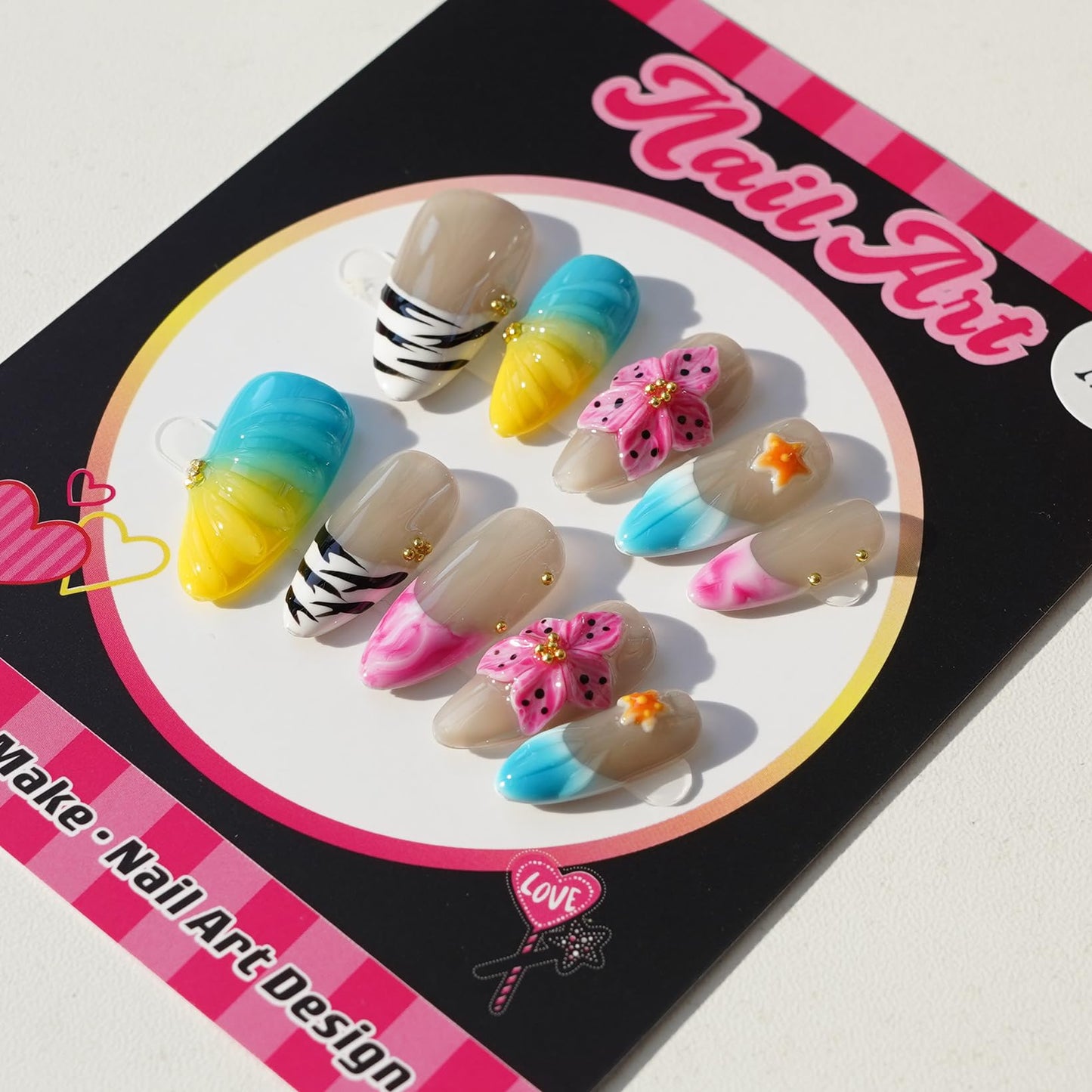 Handmade Press on Nails for Women - Medium Almond 3D Thick Acrylic Reusable Fake Nails with Designs Summer Floral Boho Funky Tropical Cute Nail-art Set 10pcs,colorful,S
