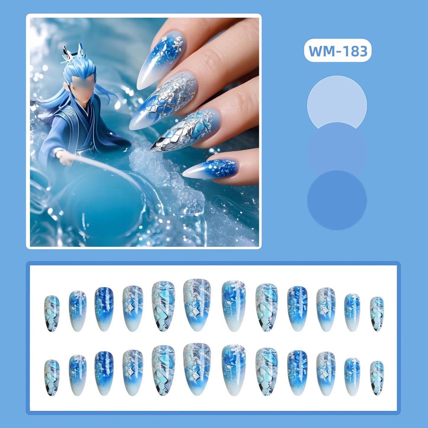 CJDLTS Almond press on Nails Medium Length White Blue Gradient False Nail Dragon Scale Pattern Design Full Cover Artificial Acrylic Nail Press Ons Reusable Stick on Nails for Women 24Pcs