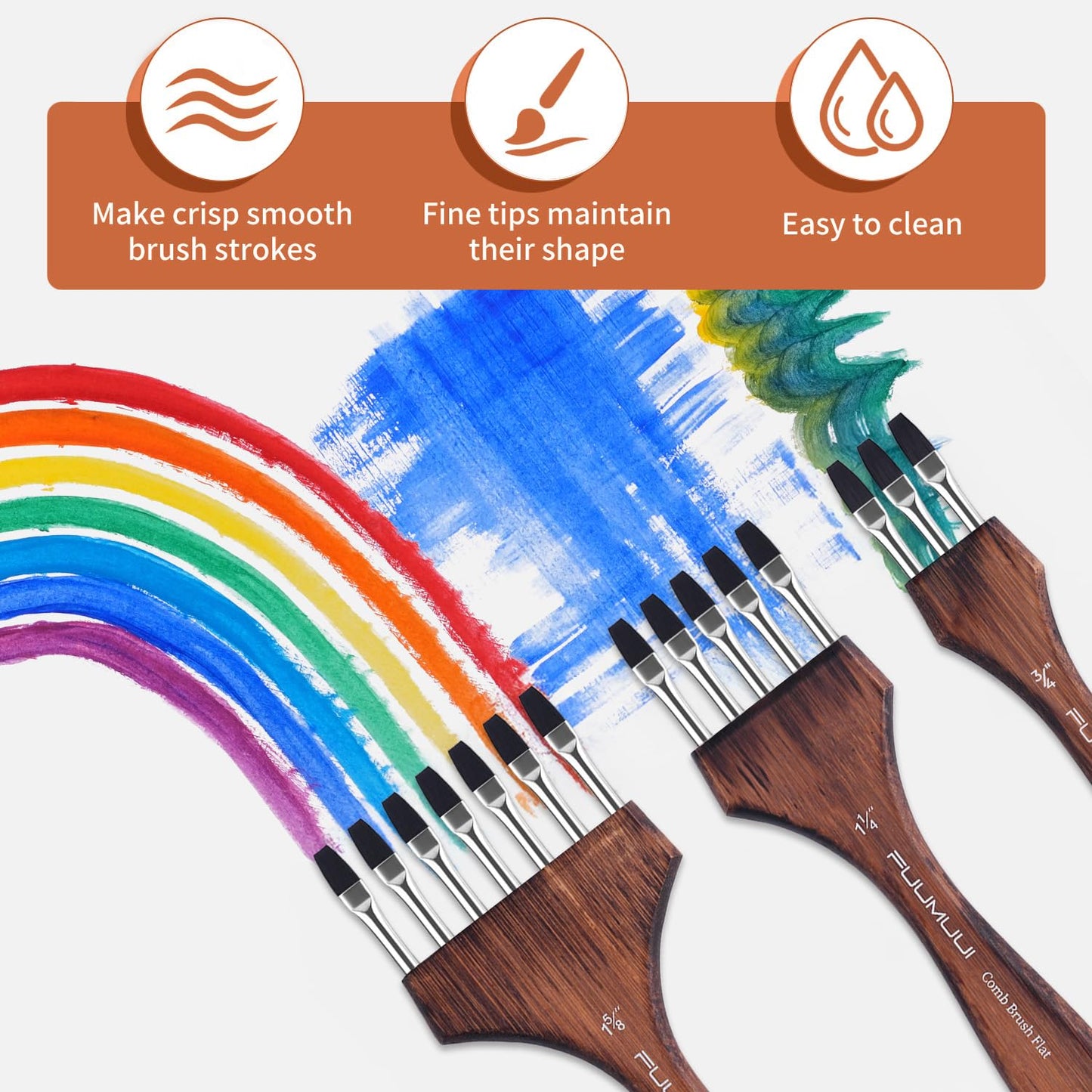 Fuumuui Grainer Brush Set - 3Pcs Professional Multi-Tooth Brushes, Flat Head Comb Brush Set Designed for Textures and Special Effects for Acrylic Painting, Oil & Watercolor, Short Handle