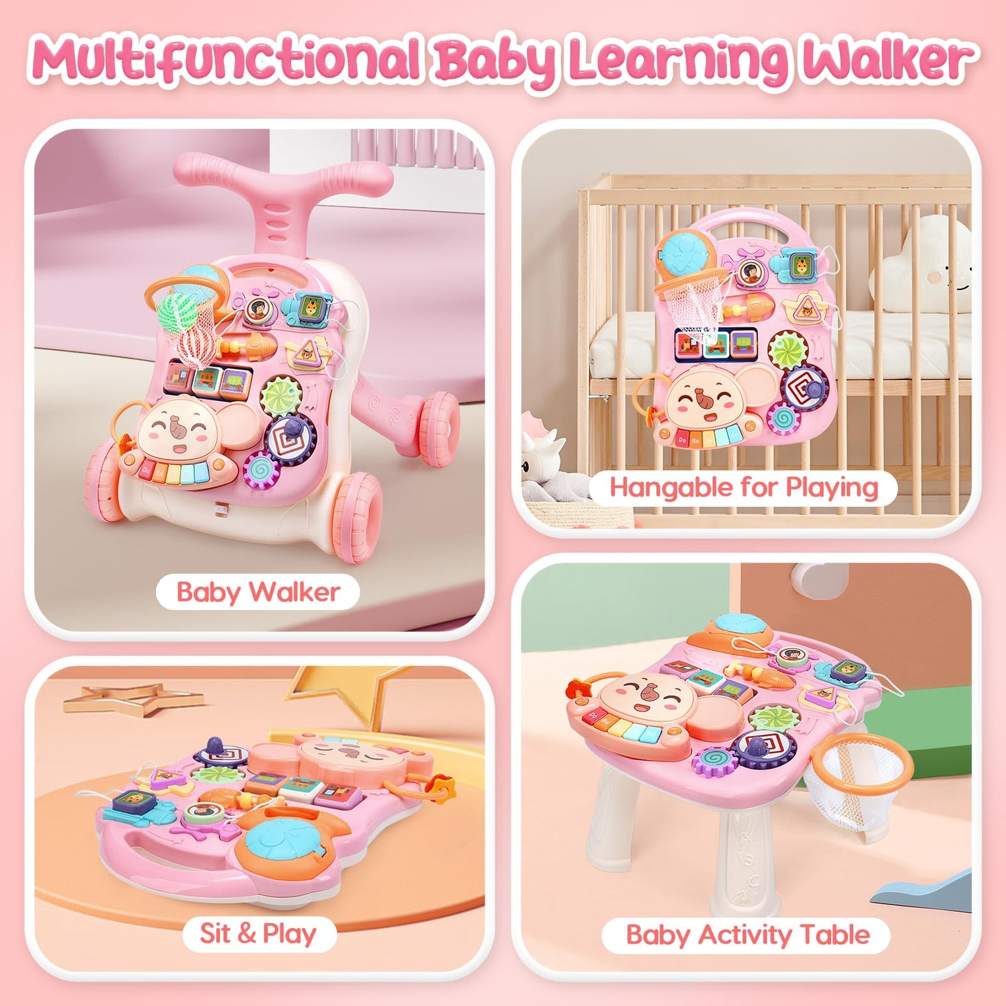 CUTE STONE 2-in-1 Baby Walker for Girls, Toddlers Learning Walker, Early Educational Push Walking Toys with Detachable Activity Center for Infants 12+ Months