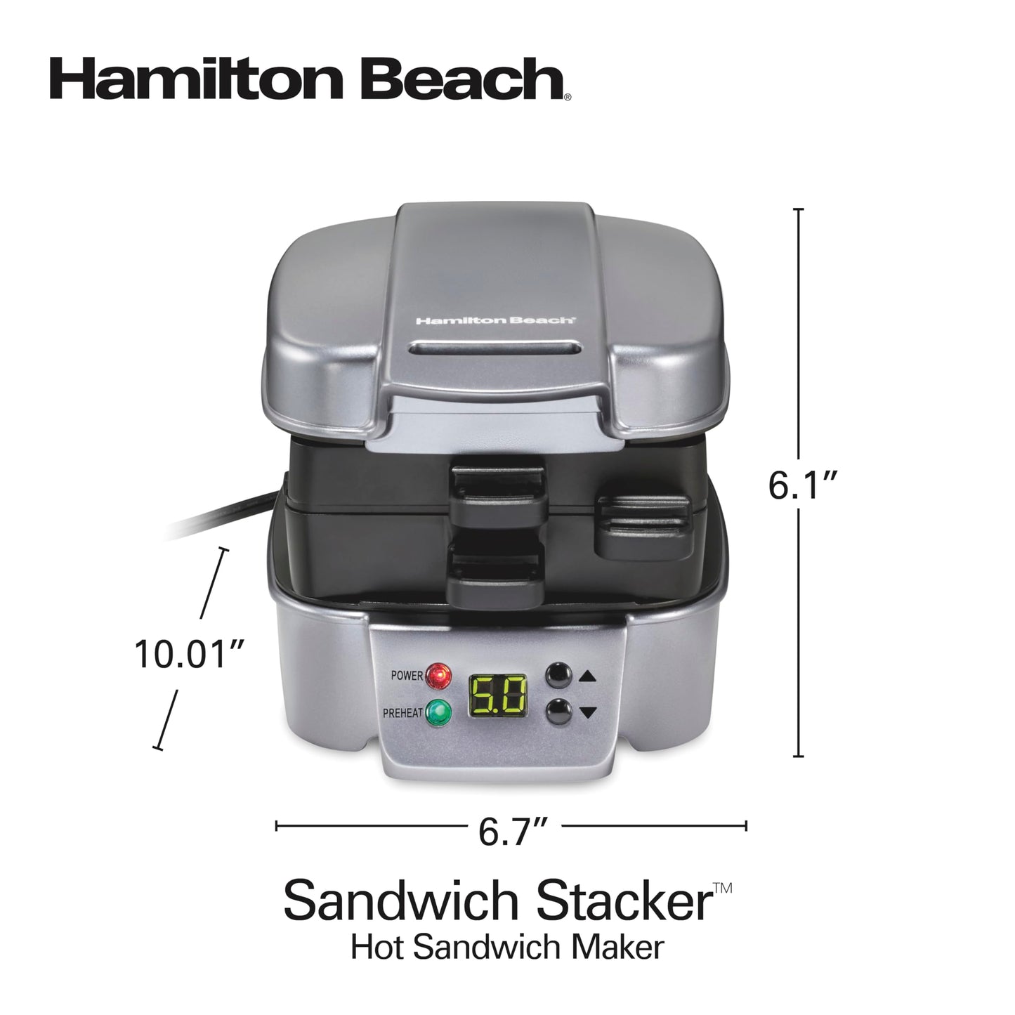 Hamilton Beach Sandwich Stacker Customizable Hot Sandwich Maker, 24 Sq. In. Non-Stick PFAS-Free Cooking Surfaces, Built-In Timer, Compact, Dishwasher-Safe, Perfect White Elephant Gifts, Silver (25471)
