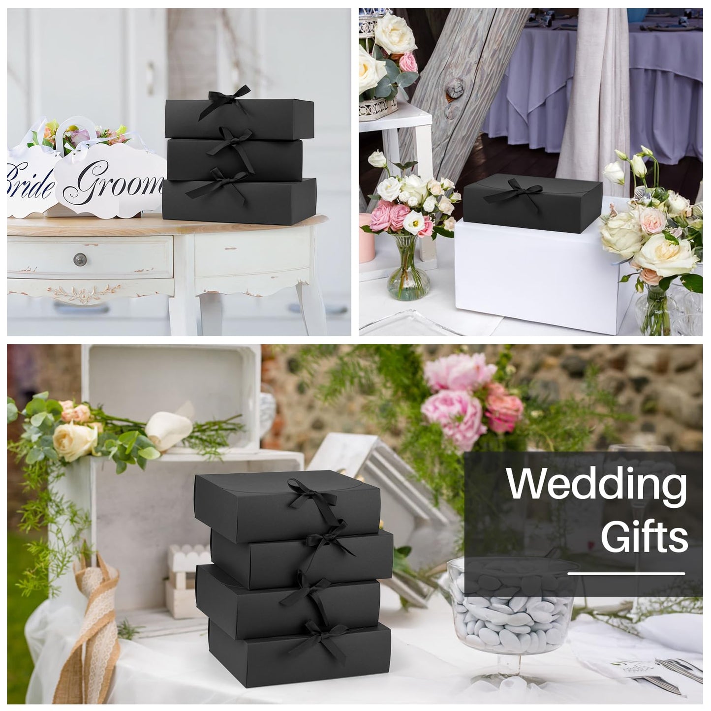 24 Pack Gift Boxes with Lids, 10.6x7.8x3.1 Inch Groomsmen Proposal Box, Luxury Black Gift Box with Ribbon for Wedding, Packaging, Present, Birthday (Black)