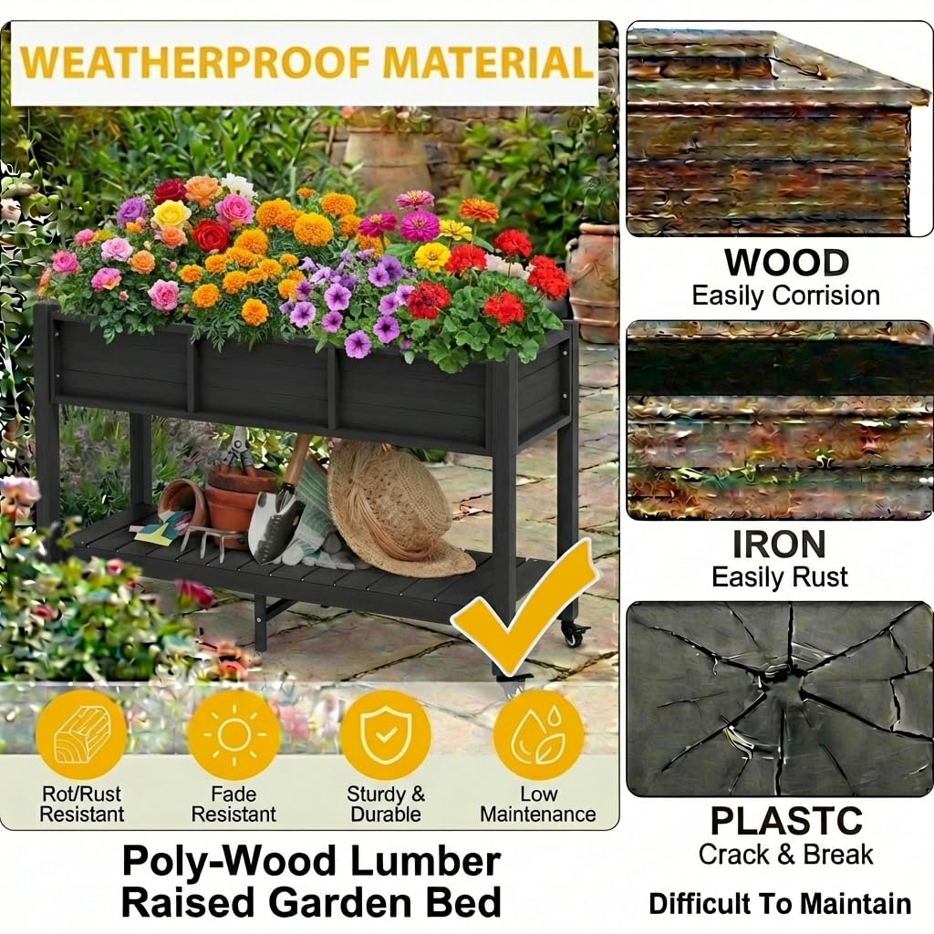 DWVO 47x18x31in Raised Garden Bed Outdoor HDPE with Legs and Lockable Wheels, Weather-Resistant Poly-Wood Elevated Planter Box, Double Tier Planters for Backyard Patio Balcony, Black