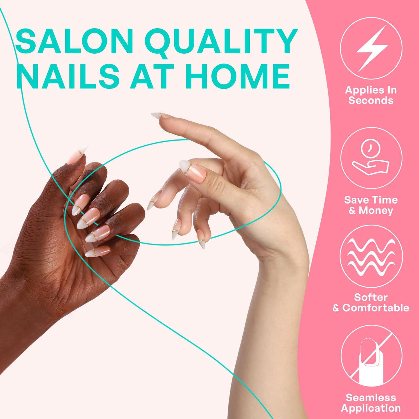Milky White to Pink French Tip Press on Nails - GJZEZ Soft Gel Medium Almond Ombre Gradient Fake Nails with Gold Line | 16 Sizes - 32 Pcs Reusable Salon Perfect Faux Nail Gifts for Women, Glossy Gild