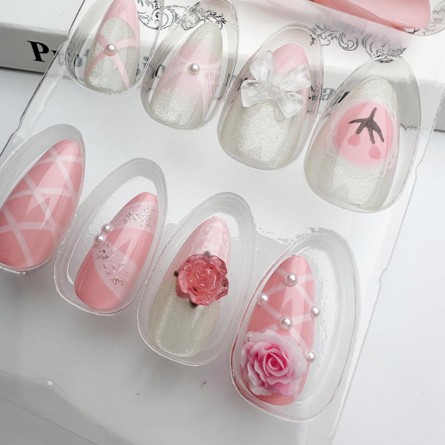 LBPEPAMZ 24Pcs Pink Press on Nails Medium Almond Fake Nails with 3D Rose Bow Pearl Rhinestones Design Pink Gradient French Tips White Acrylic False Nails Stick on Nails for Women Valentine's Day Decor
