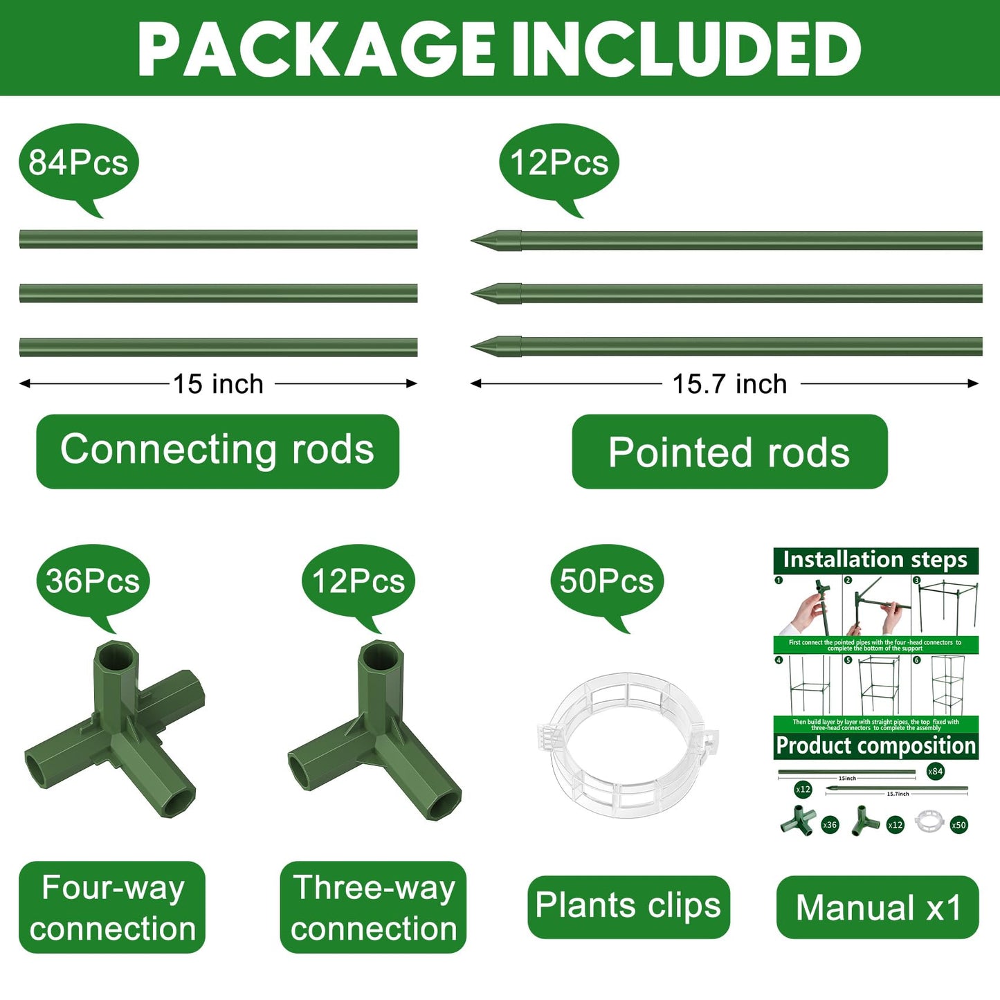 Unves 3 Pack Tomato Cage for Garden, 16" W x 66" H Square Tomato Trellis Plant Support Frame with 50 Pcs Plant Clips, Suitable for Climbing Vegetables, Flowers, and Fruits