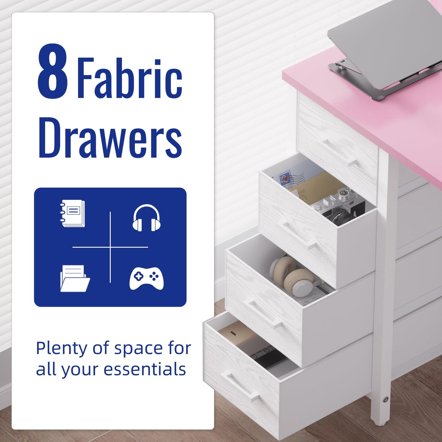 Pamray 47 Inch Computer Desk with 8 Fabric Drawers PC Gaming Desk Home Office Study Work Writing Table for Bedroom Pink