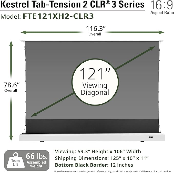 Elite Screens Kestrel Tab-Tension 2 CLR3, 121" 16:9, Ultra-Short Throw Ceiling Ambient Light Rejecting (CLR/ALR) Electric Floor-Rising Motorized Front Projector Screen, White Casing, FTE121XH3-CLR3
