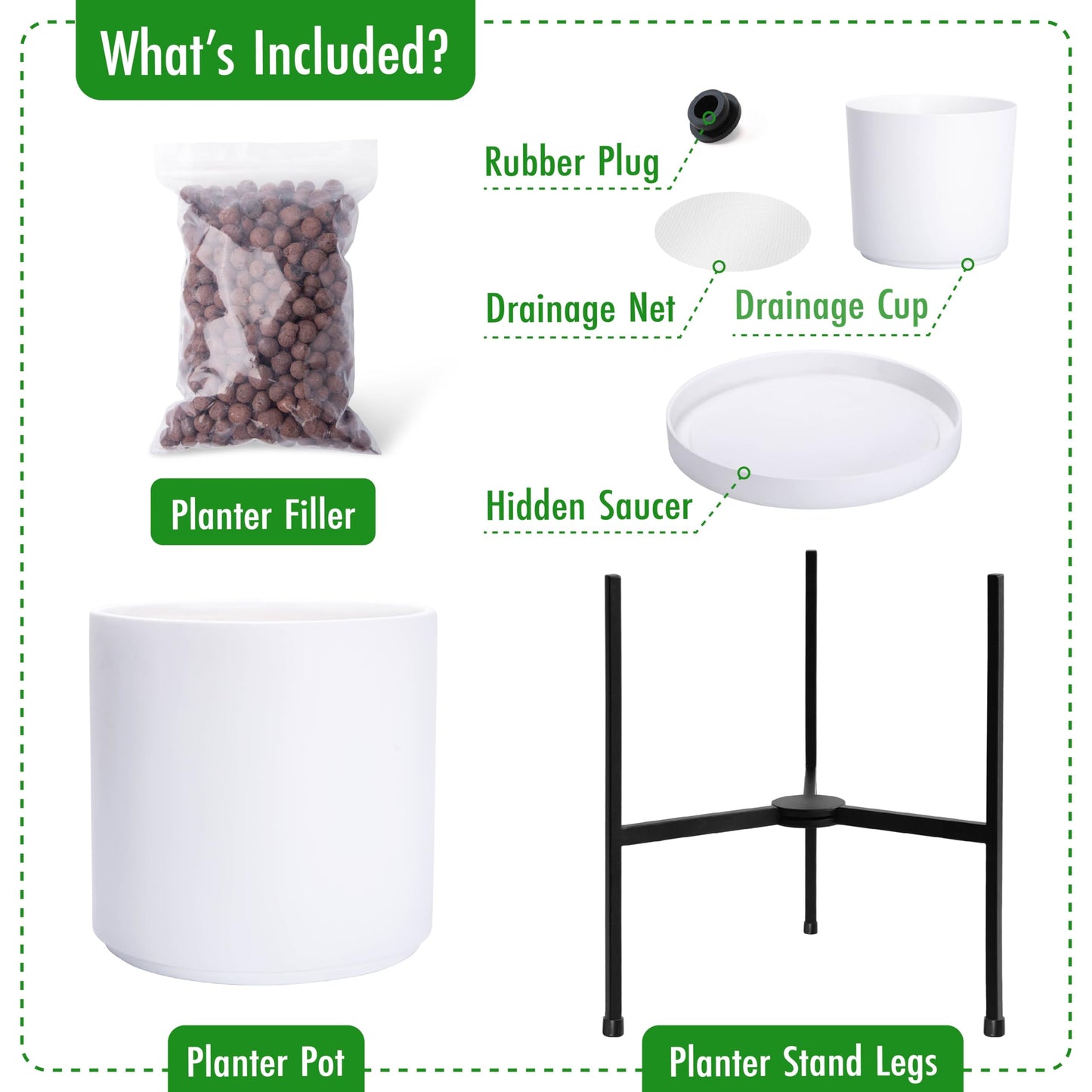 D'vine Dev Modern White Plants Pot Cylinder Planter with Heavy Duty Stand, Large 12 Inch Pot, 18.9 Inch with Stand Height, 96-T-A-3