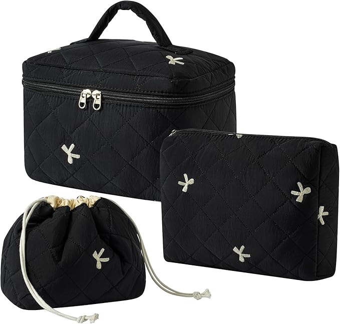 3Pcs Aesthetic Cotton Quilted Drawstring Makeup Bag Set, Aesthetic Cute Bow Makeup Pouch for Girls and Women, Aesthetic Travel Organized Cosmetic Bags for Purse(05Black Bow)