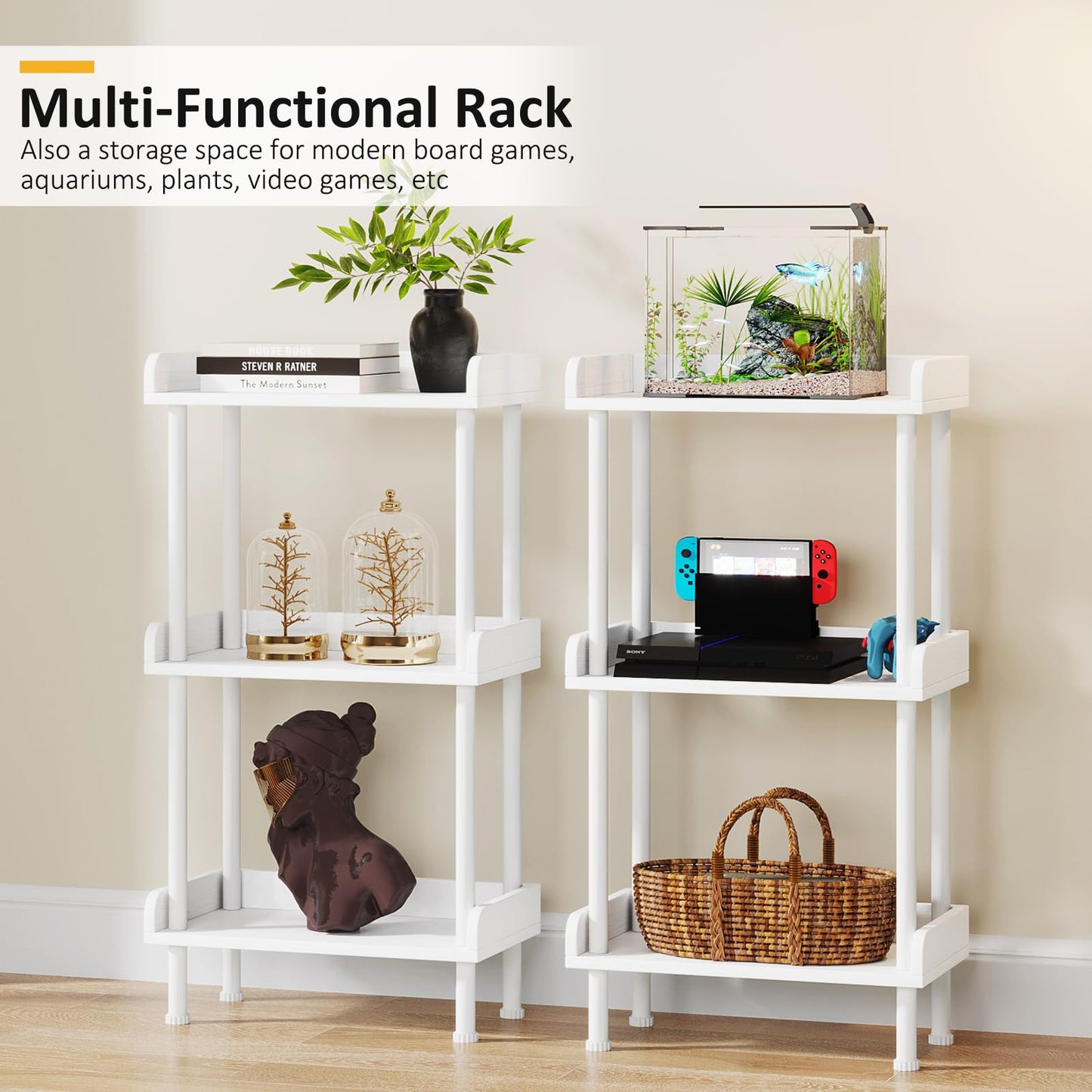 Hosfais 3 Tier Wood Bookcase Industrial Bookshelf with Edge Protection Metal Standing Book Shelves Display Book Rack for Living Room Bedroom Home Office (White)
