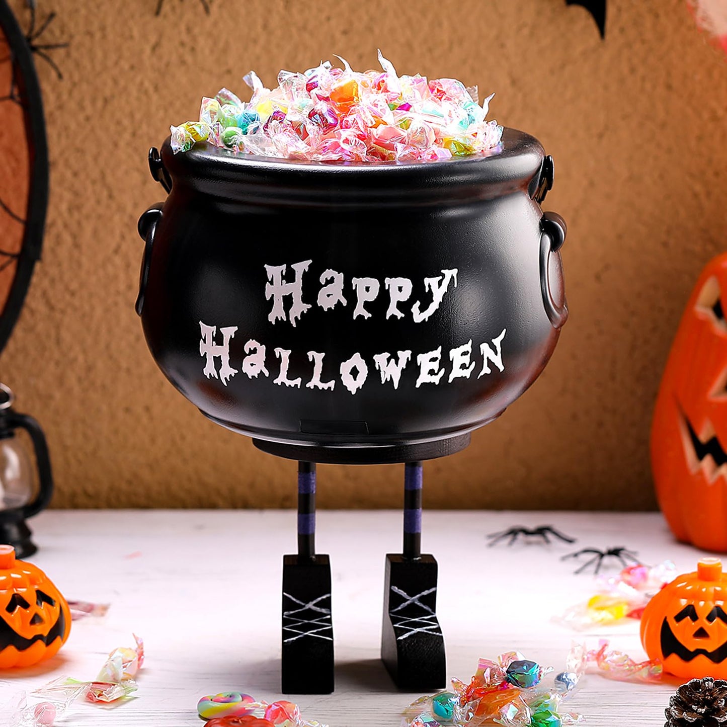 Shappy Halloween Decorations Cauldron Candy Bowl 8 Inch Plastic Black Witches Legs Candy Dish Bucket for Halloween Decor with Stickers Kitchen Trick or Treat Party Supplies Home Indoor Decor