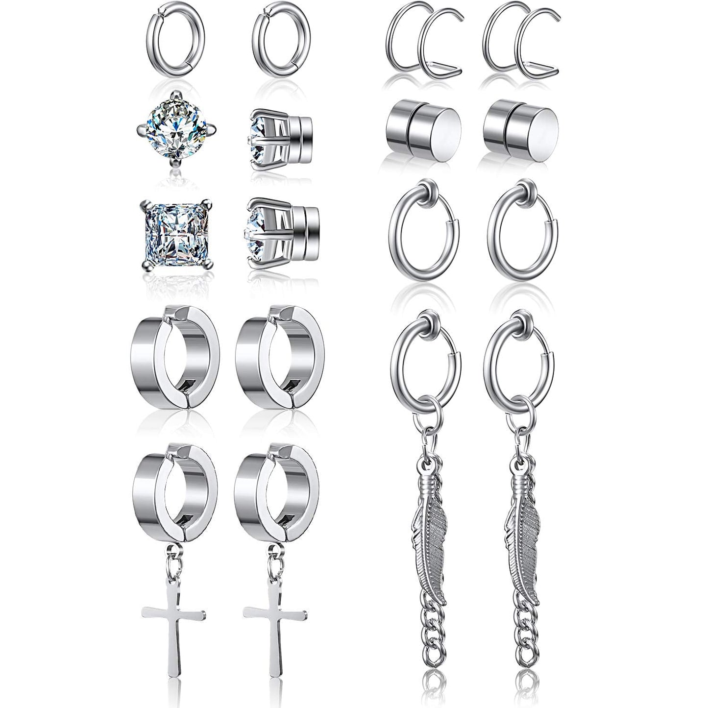 Hicarer 9 Pairs Magnetic Stud Earrings Non Pierced Silver Stainless Steel Feather Dangle Earrings for Women and Men
