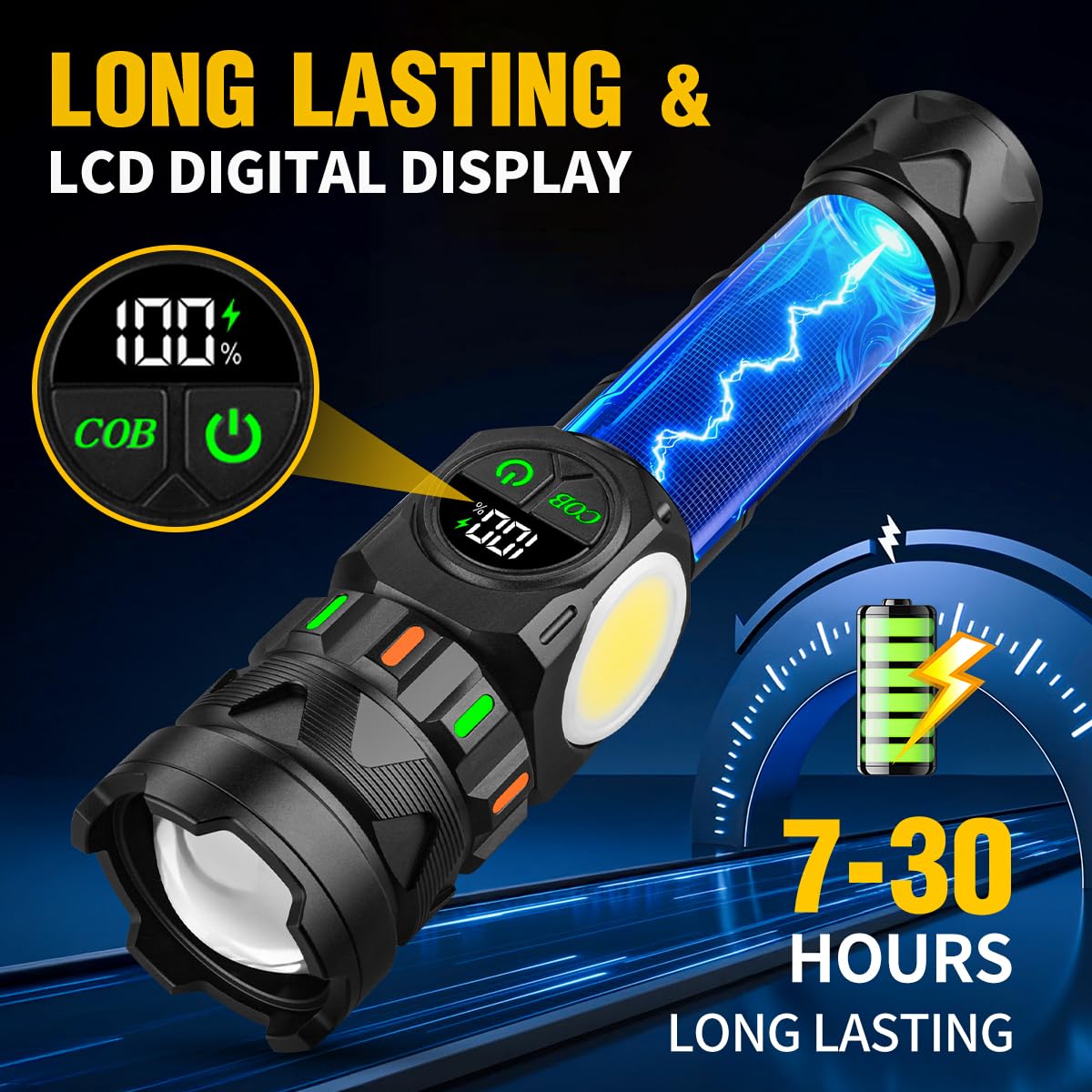 Rechargeable Flashlights High Lumens 5000 Long Distance, Super Bright LED Flash Lights with COB Sidelight USB C LCD Display, Daul Light Source & Buttons with Red Light, for Camping Hiking Emergency