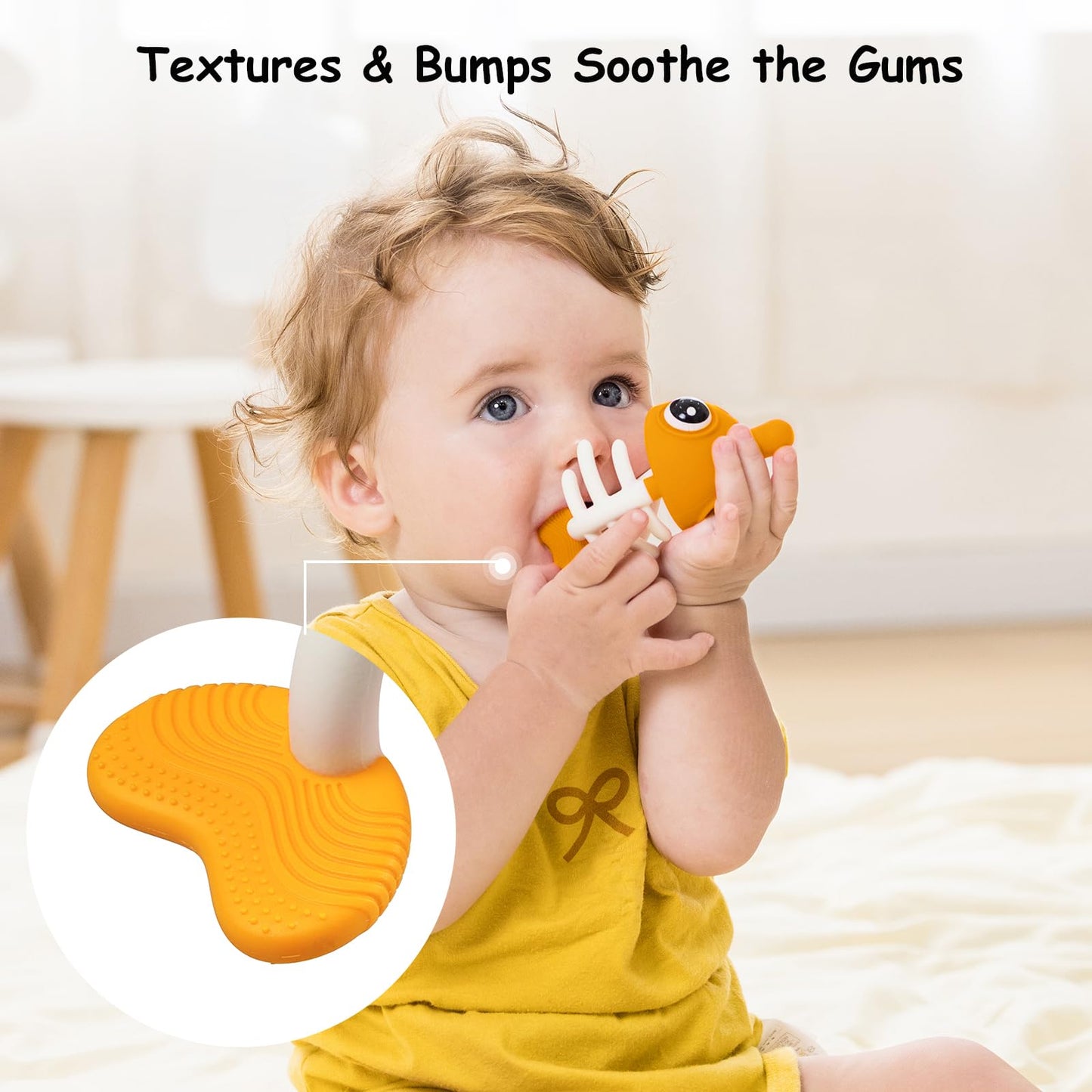 Mombella Clownfish Teethers for Babies 3-6 Months, Baby Teething Toys 6-12 Months with Lanyard to Attach on, Silicone Tether with Different Textures to Gnaw, Ergonomic for Little Hands, Saffron