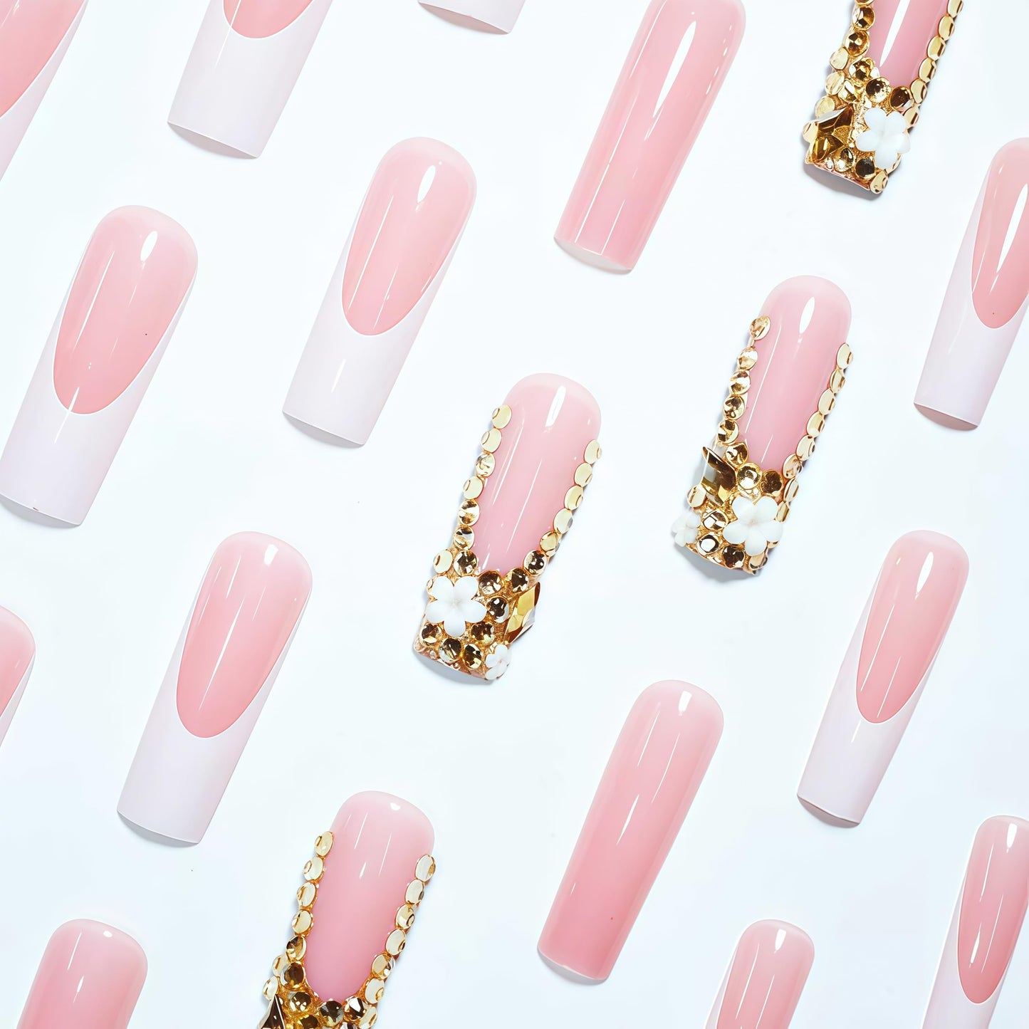 Long Press on Nails Square Fake Nails Gold Acrylic Nail Press Ons Seeneey French Designs Rhinestones Stick on Nail for Women 24pcs