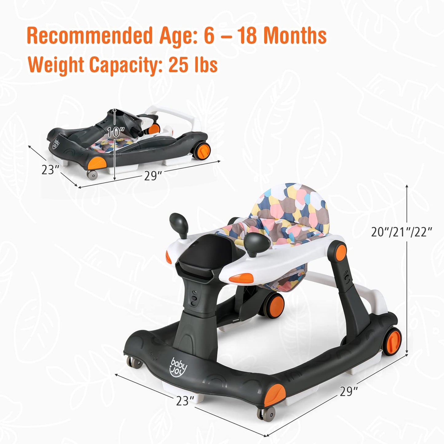 BABY JOY 2 in 1 Baby Walker, Foldable Activity Walker with Adjustable Height & Speed, Music, Lights, Mirrors, Padded Seat Cushion, Activity Baby Push Walker for Toddler Boys Girls, Ages 6-18 Months