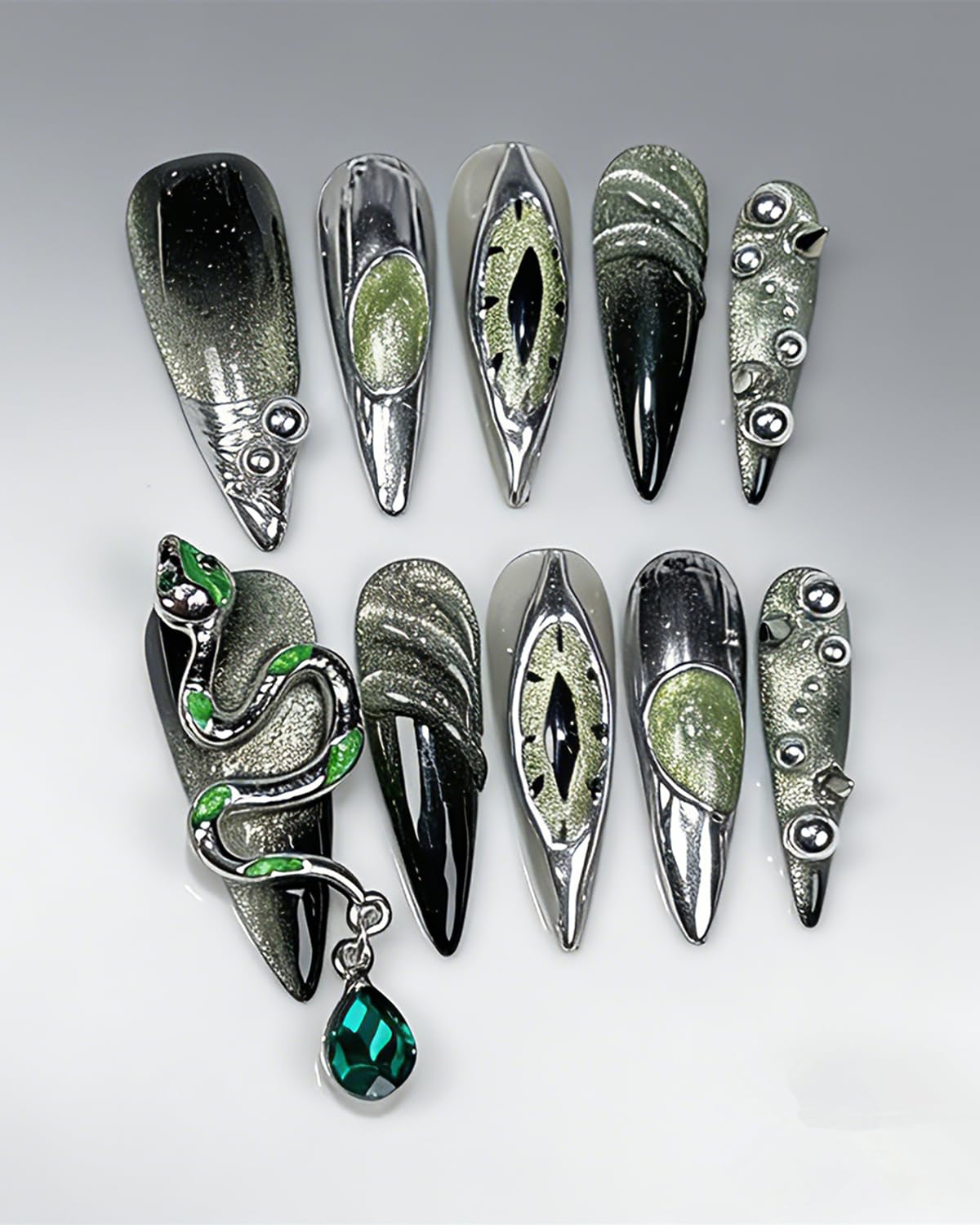 CAMILCY Luxury Handmade Press on Nails Long Stiletto Green Snake Chrome Gothic Fake Nails Glossy Black Green Gradient Crystal Charm Reusable Acrylic Nails for Women 10pcs (A038, S)