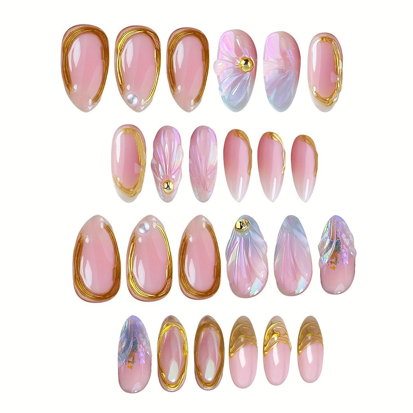 Summer Press on Nails Short Oval Fake Nails with 3D Water Ripple Pearl Designs Gradient Nails Press ons Glossy Glue on Nails Gold Lines Acrylic Nails Handmade Stick on Nails for Women 24Pcs