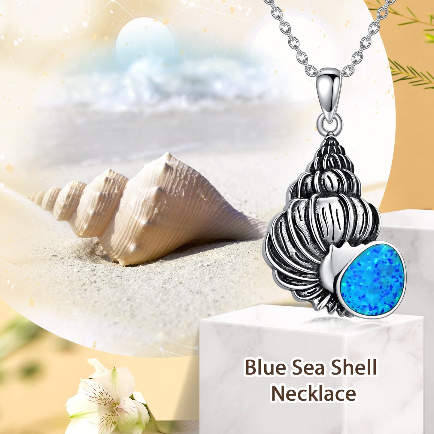 PROESS Conch Seashell Necklace Sterling Silver Blue Opal Conch Pendant Necklace Ocean Jewelry Gifts for Men Women