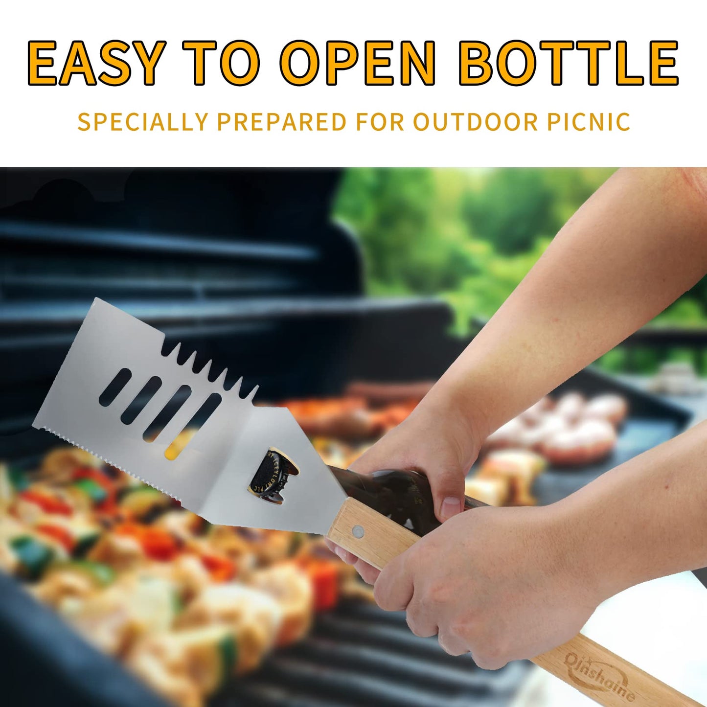 Qinshaine 4-in-1 BBQ Spatula, Multifunction Grill Spatula with Wooden Handle, perfect for BBQ grills and kebabs for camping picnics