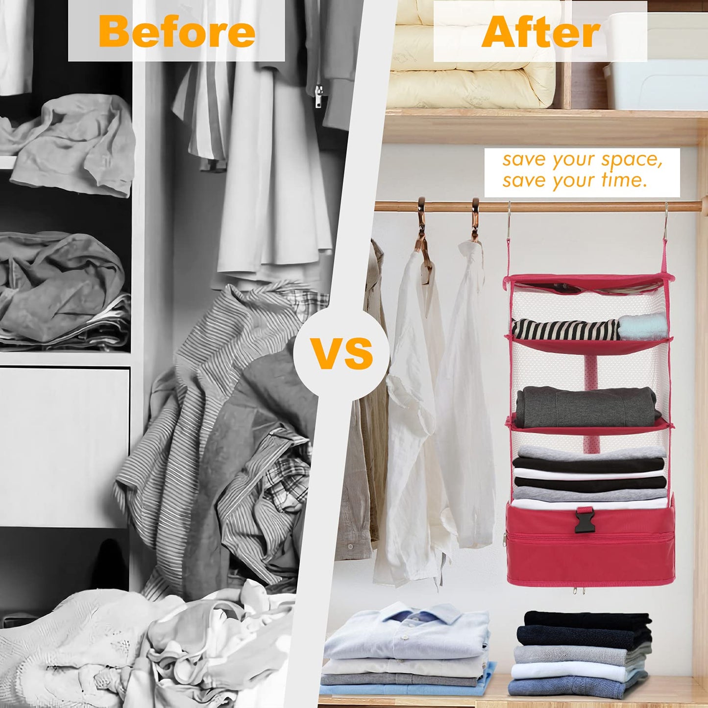 Surblue Hanging Closet Storage Bag Collapsible 3-Shelf Washable Oxford Fabric with 2 Hooks (L 11.41 * 11.41 * 19.68in, Pink)