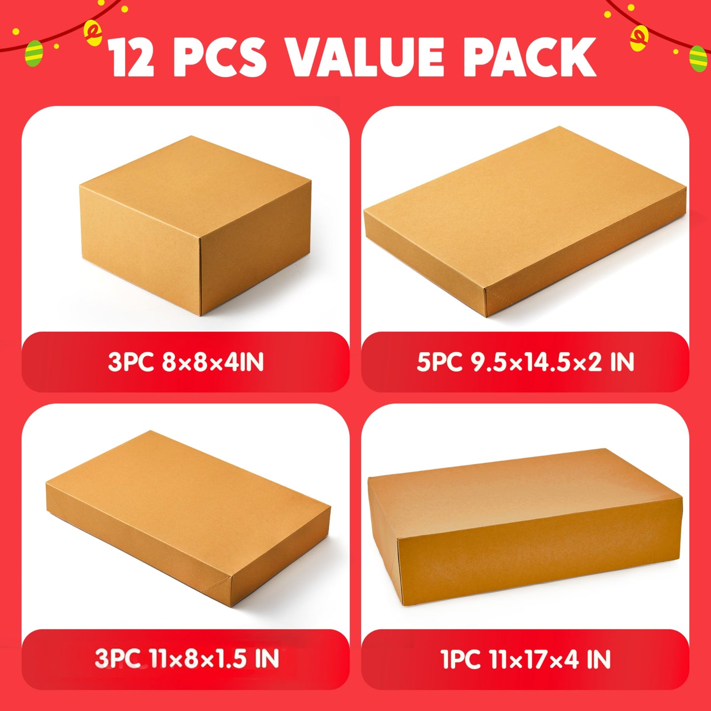 JOYIN 12PCS Christmas Brown Gift Boxes with Lids for Presents, 4" Deep Large Shirt Robe Wrapping Box, 4 Different Sizes Holiday Festive Lingerie Cupcake DIY Kraft Cardboard Boxes