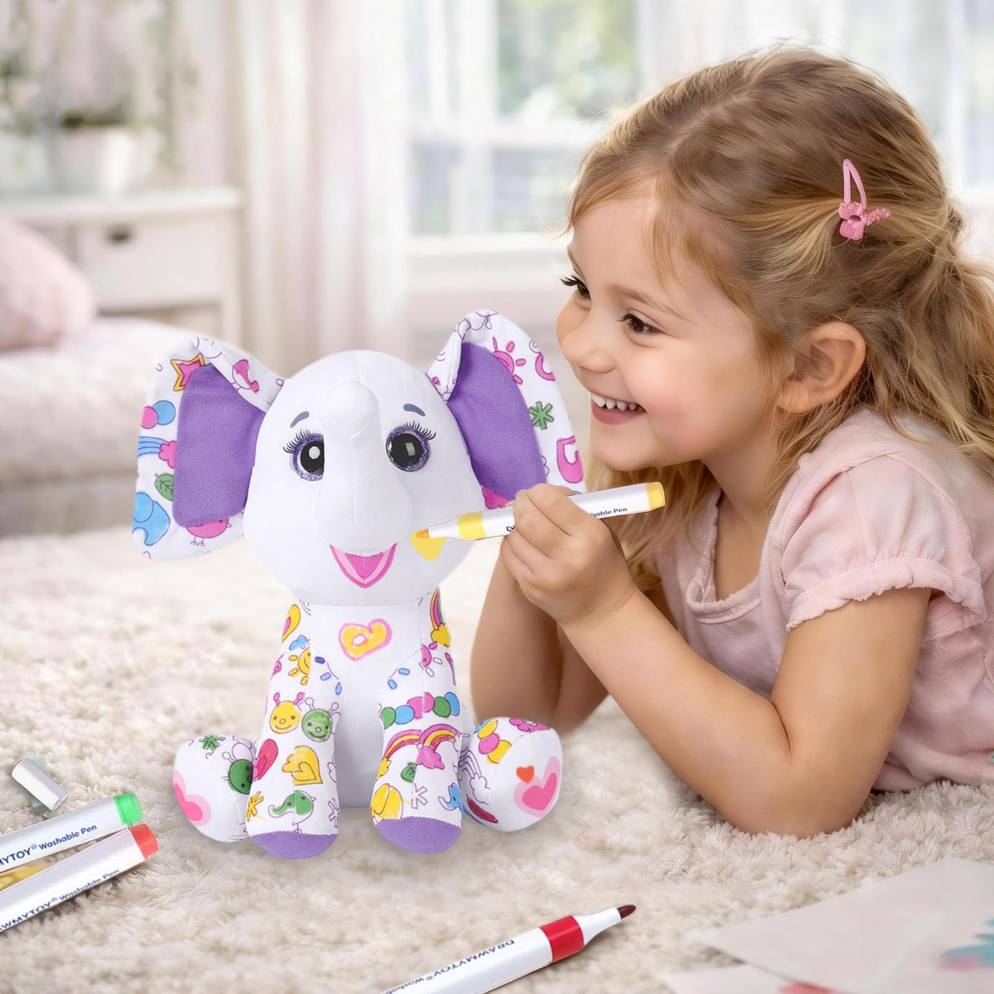 DRAWMYTOY DIY Coloring Plush Toy with Washable Markers, Scribble Pets Stuffed Animal, Doodle Dolls Art Toy for Boys and Girls Ages 3-8, Birthday Gift (Elephant)