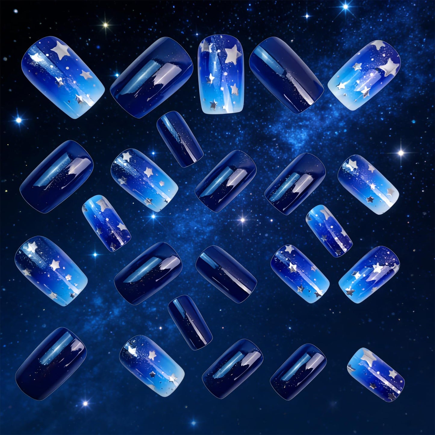 Star Press on Nails Medium Square Fake Nails Gradient Blue Acrylic Nails Press ons with Twinkle Stars Design Starry Sky Artificial Nail Reusable Stick on Nails for Women Manicure 24Pcs