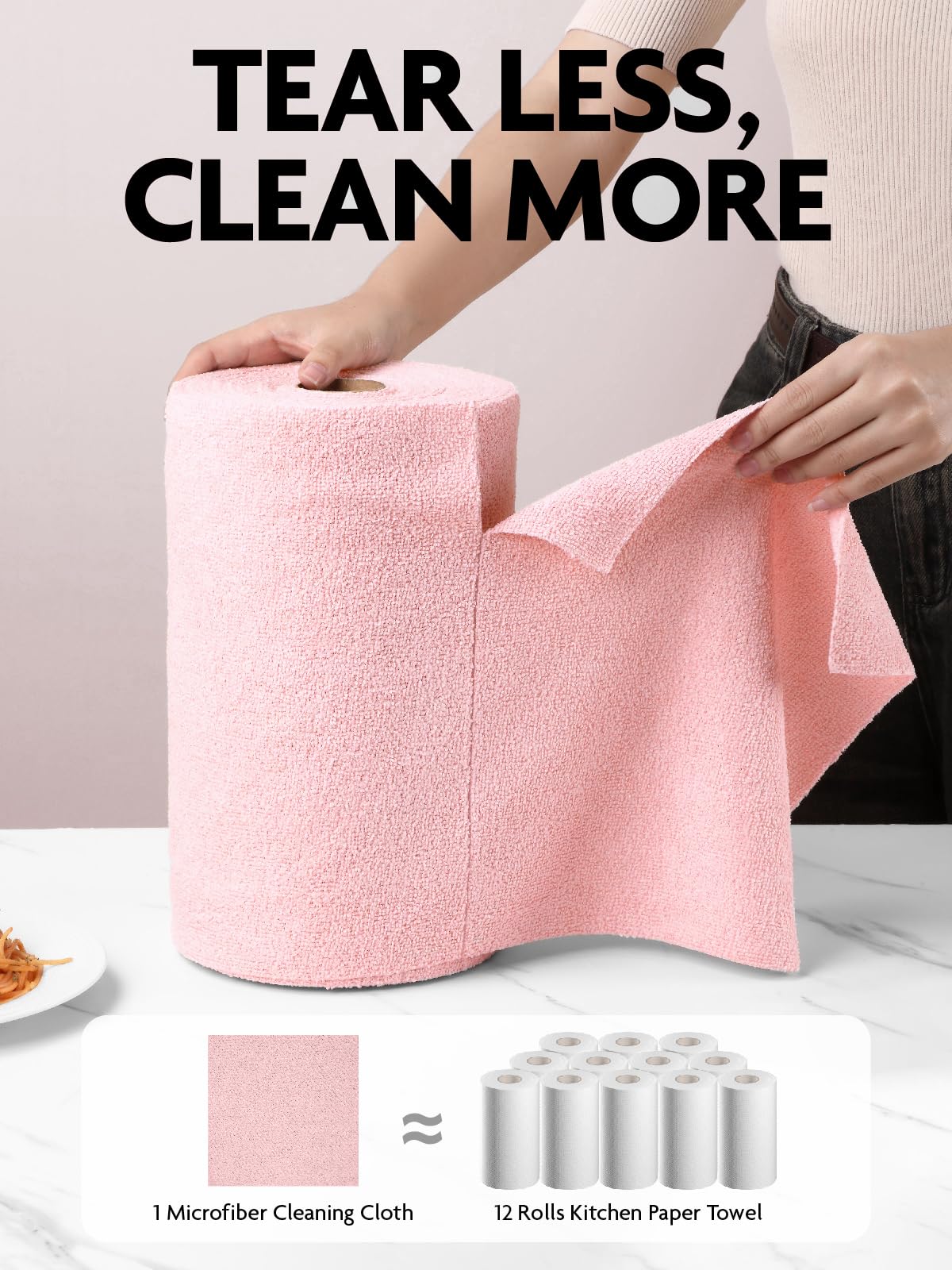 Fantasticlean Microfiber Cleaning Cloth Roll -40 Pack, Tear Away Microfiber Towels, 12" x 12", Reusable, Washable, Lint Free, Ultra Absorbent Dishcloth for Car, Pet, Kitchen Cleaning Supplies (Pink)