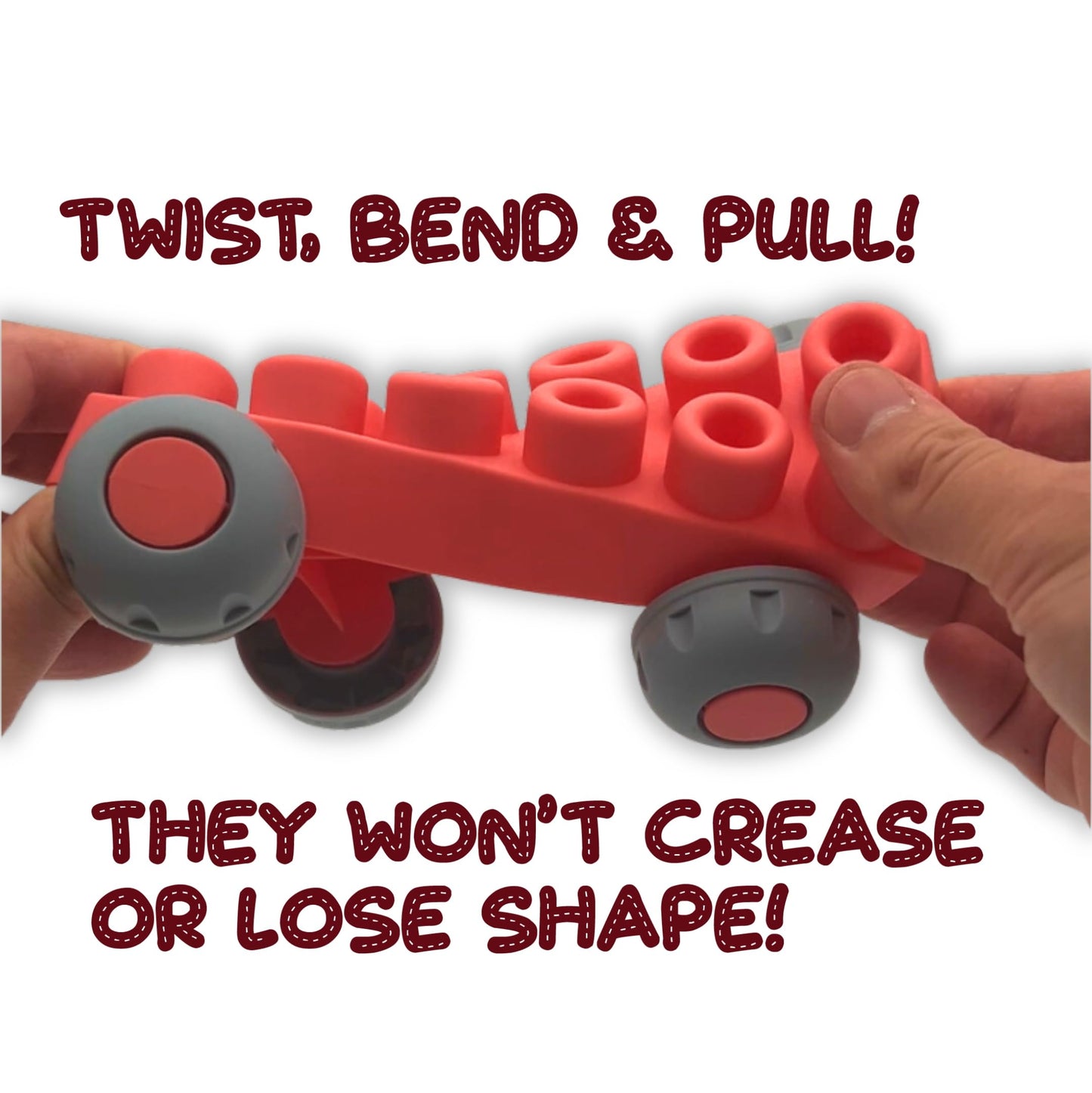 WaBee Baby Soft Rubber Building Blocks - 50 Pieces in Wheeled Bin Ages 12mo+ - Extra Large Chew-Safe Sensory Toys - STEM Learning Set - Not Compatible with Duplo/Mega
