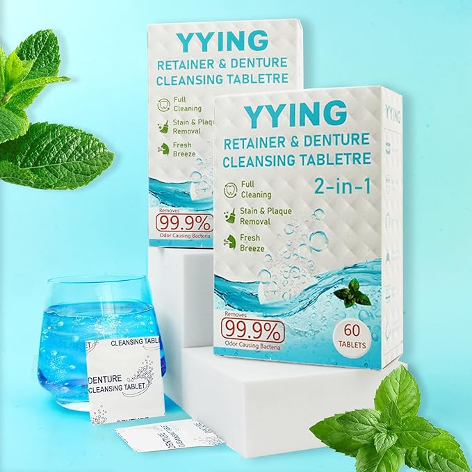 Retainer Cleaner & Denture Cleaning Tablets with 120 Removes Stains, Odors, and Plaque from Aligners, Mouth Guards, Night Guards, and Dental Appliances, 4-Month Supply