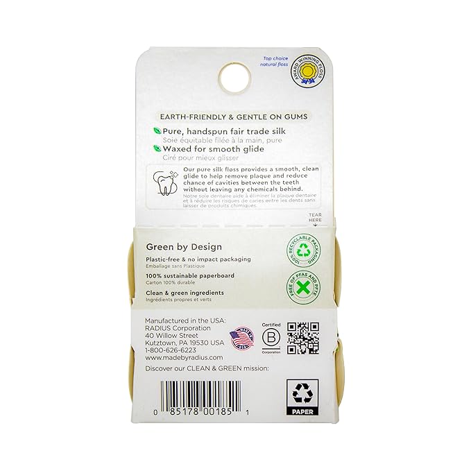 RADIUS Natural Unscented Silk Dental Floss 33 Yards Vegan & Non-Toxic Oral Care Boost & Designed to Help Fight Plaque Clear - Pack of 1