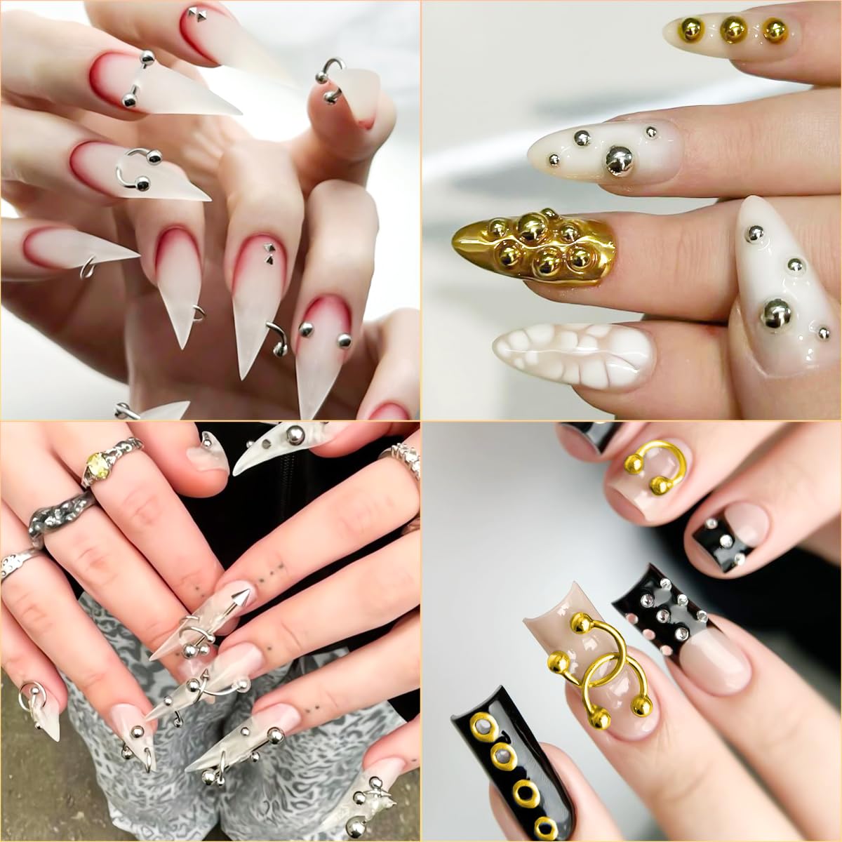 3 Box 12 Grids Goth Nail Art Studs, 3D Gold & Silver Alloy Gothic Punk Nail Charms Y2K Rivet Studs Beads Metal Rings Piercing Manicure Supplies for DIY Nail Art Decorations