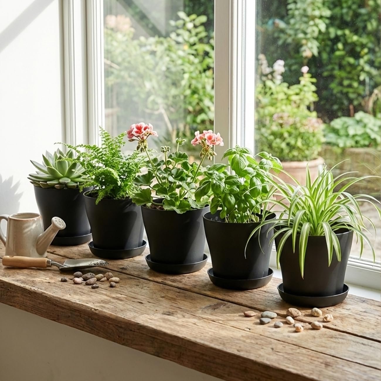 BTPLASTIK 6 Pack 8-Inch Plastic Planter with Saucer, Black- Durable Non-Slip Stackable Indoor/Outdoor Plant Pots with Large Drainage Holes, Minimalist Curved Design for Succulents, Herbs, Cacti
