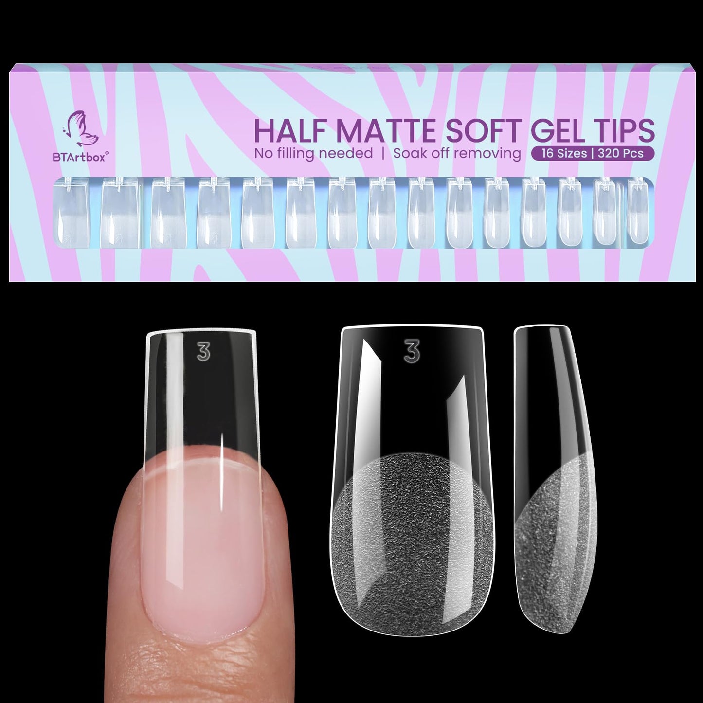 BTArtbox Solid Nail Gel & Half Matte Gel Nail Tips - 320pcs Square Press on Nails Medium, Upgrade 3 in 1 Nail Gel for Fake Nails