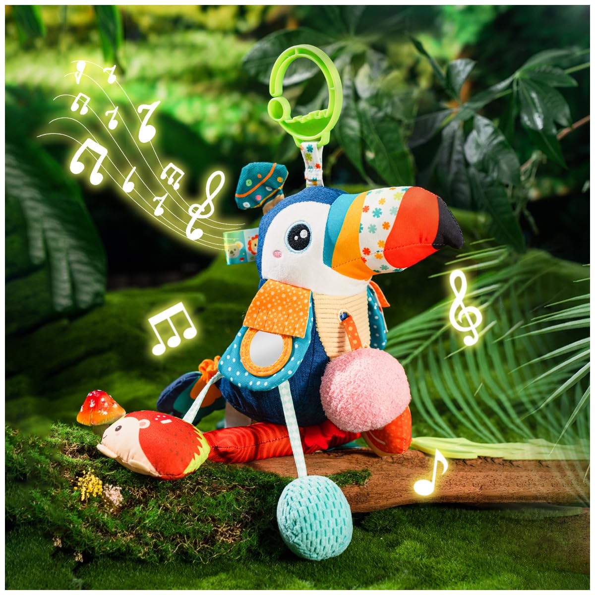 Jollybaby Musical Activity Pull String Hanging Toy for Baby Stroller Car Seat Crib Play Gym, Plush Stuffed Toucan Toy for Carseat with Music Teether Rattles, Sensory Toy for Baby Gift