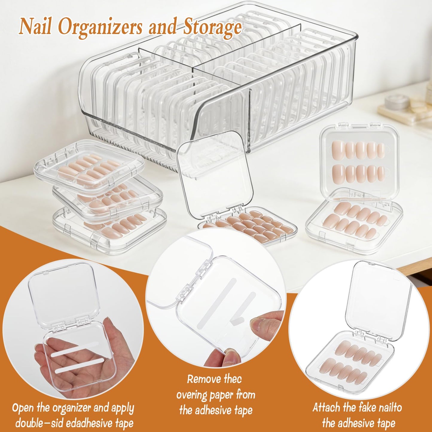 Wopgrty 30 Pcs Press On Nail Storage Box, Acrylic Display Case, Packaging Box for Nail Art, Large Stackable, All-In-One Box, 120 Pcs Double Sided Adhesive Nail Display Tape