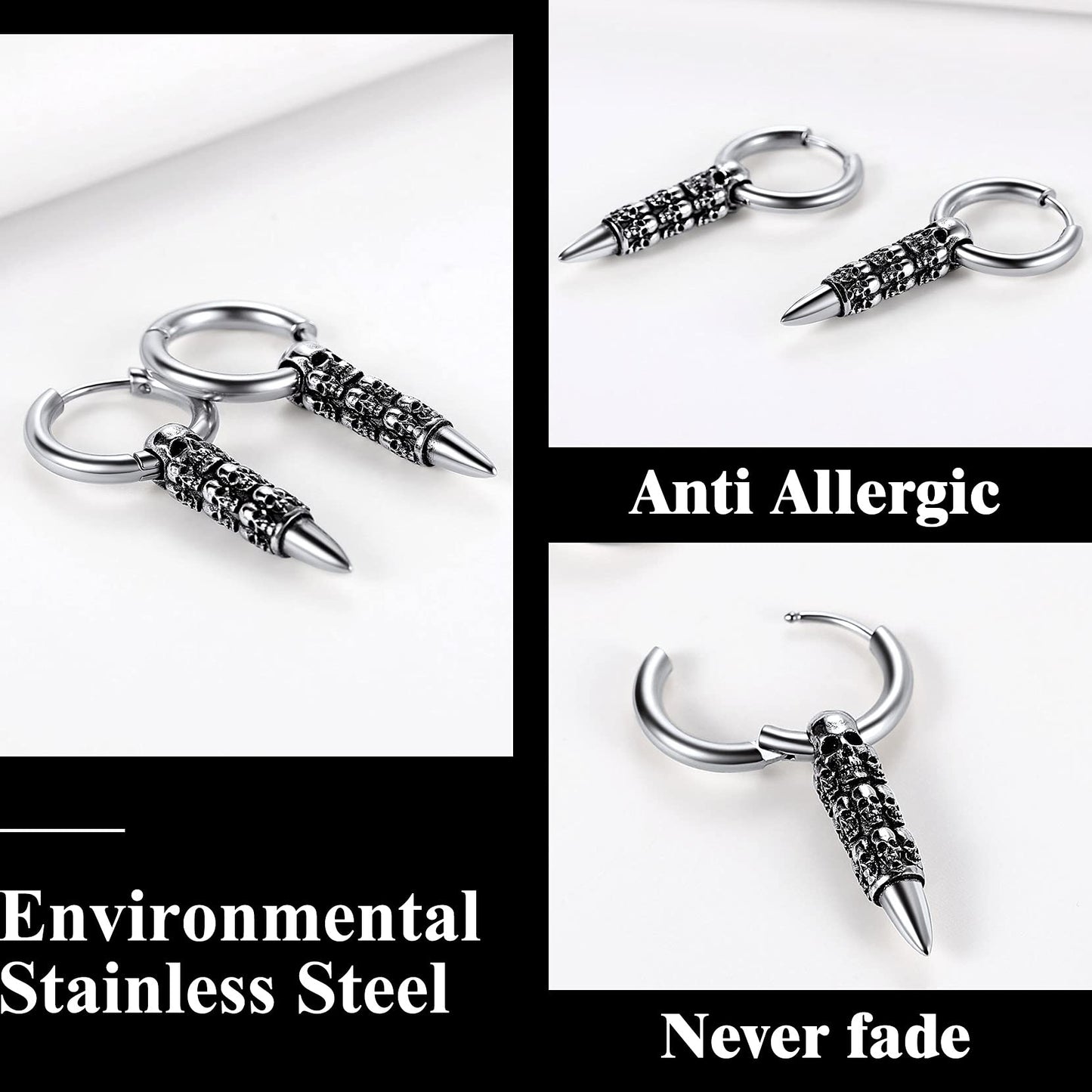 Stainless Steel Skull Hoop Earrings for Men Women Small Huggie Hoop Earring with Dangle Bullet Halloween Jewelry