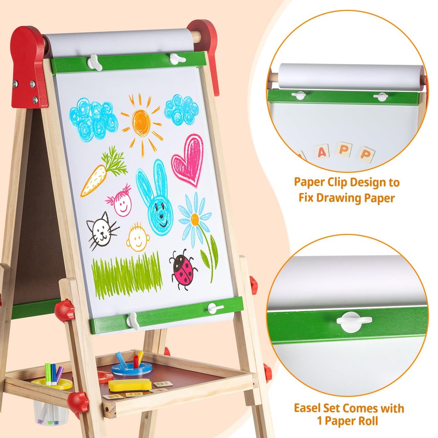 Kids Art Easel with Paper Roll for Toddlers, Adjustable Double Sided Magnetic Drawing Board Dry Erase Whiteboard & Chalkboard，Easel for Toddlers 2-4 Years Painting Wooden Easel Kids 4-8