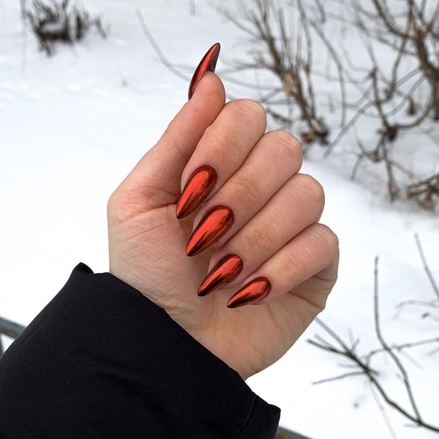 KQueenest Chrome Bright Red Press on Nails Almond Medium, Glazed Stiletto Fake Nails Medium, Metallic Acrylic Nails Press ons Mirror Effect, Sparkle Bling Glue on Nails for Women Valentine Day 24 Pcs