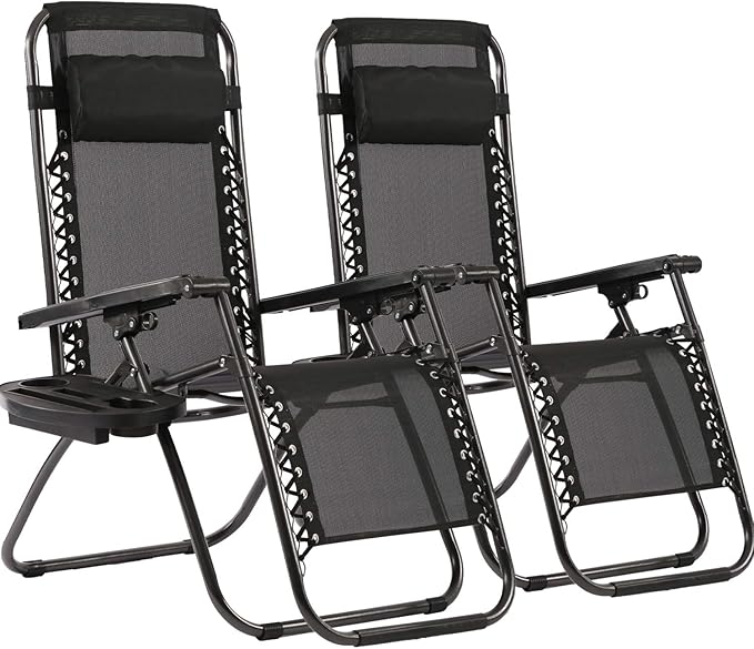 FDW Zero Gravity Lawn Lounge Chairs Set of 2 with Pillow and Cup Holder - Adjustable Reclining Folding Outdoor Chairs for Deck, Beach, Yard
