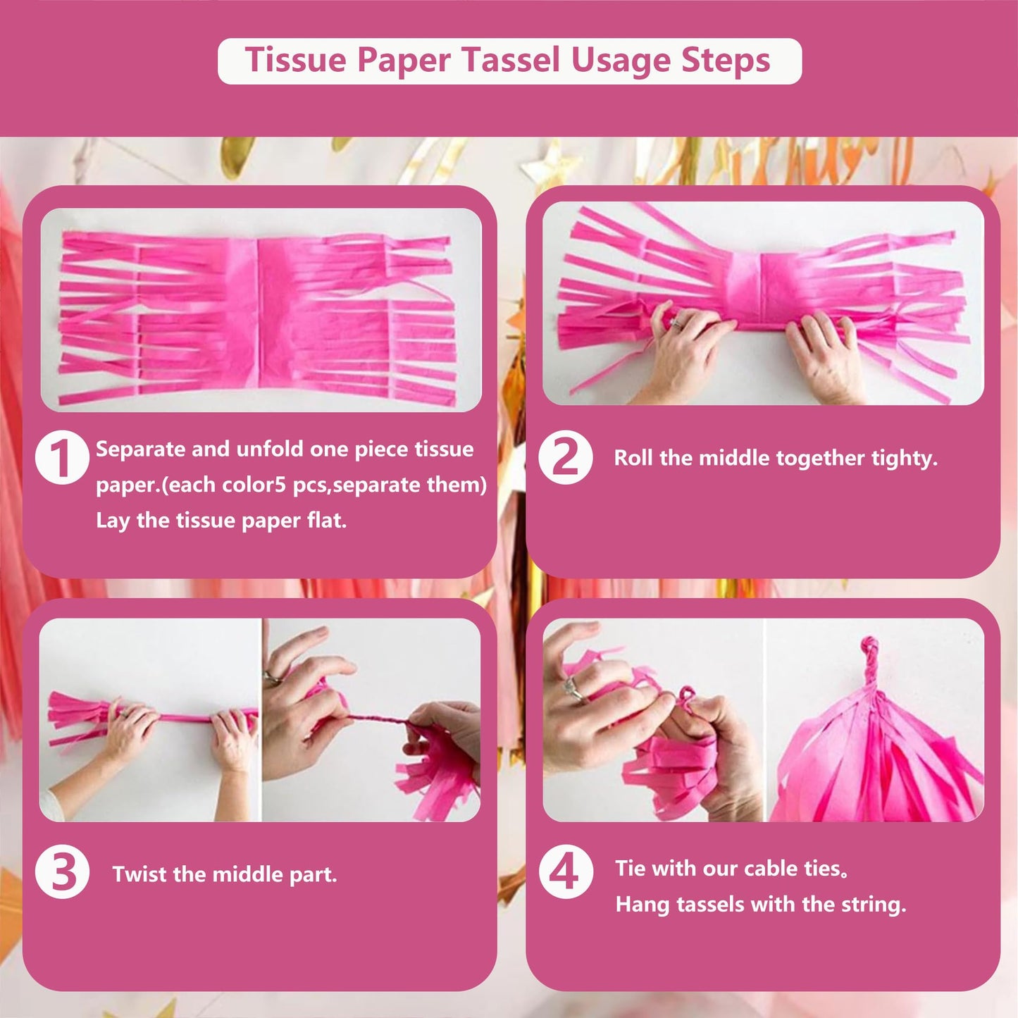 Tassels Paper/Tassels Banner for Party Decorations, DIY Kits,20PCS (Gold+Red+Pink+White)