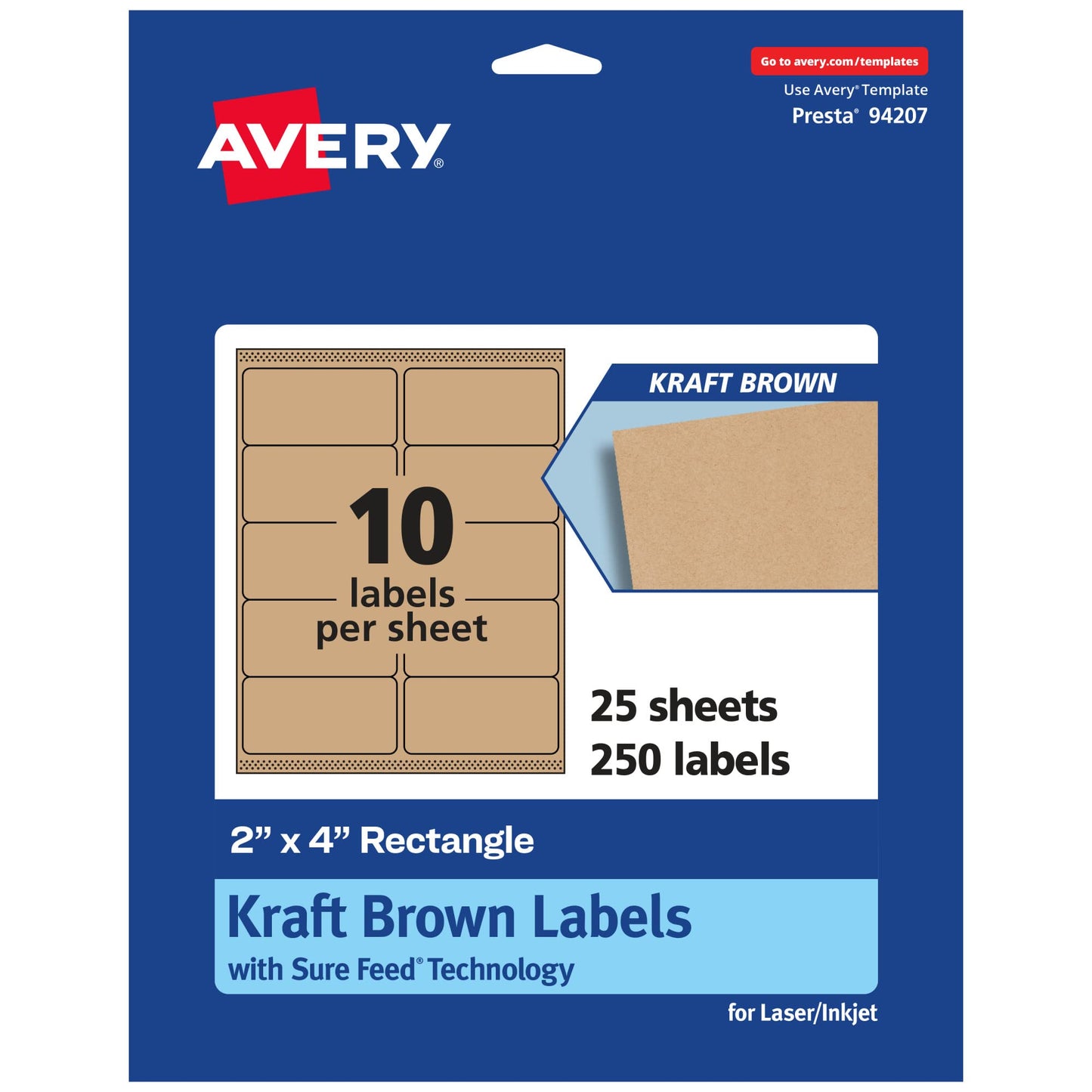 Avery Kraft Brown Rectangle Labels, Sure Feed Technology, 2" x 4", 250 Kraft Brown Labels, Laser/Inkjet Printable