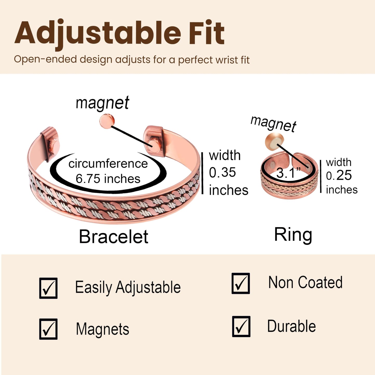 Touchstone Copper Magnetic Hand Forged With Solid And High Gauge Spiral Wire Braided Minimalistic Elegance Pure Copper Bracelet And Matching Ring In Triple Tones.