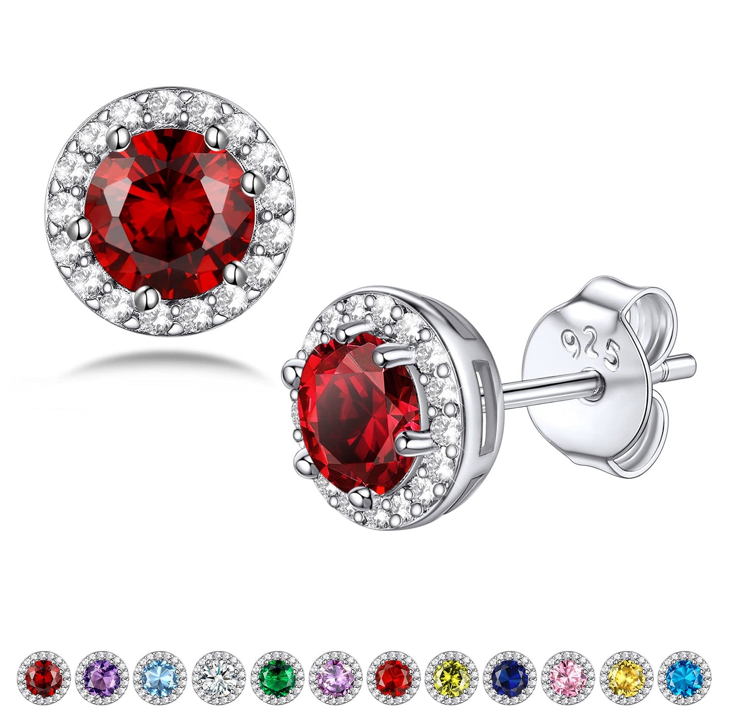Bestyle 925 Sterling Silver Created Diamond Earrings Round Studs for Women, 5mm January Granet Birthstone Gem Earrings Illuminated by 1mm White Cubic Zirconia