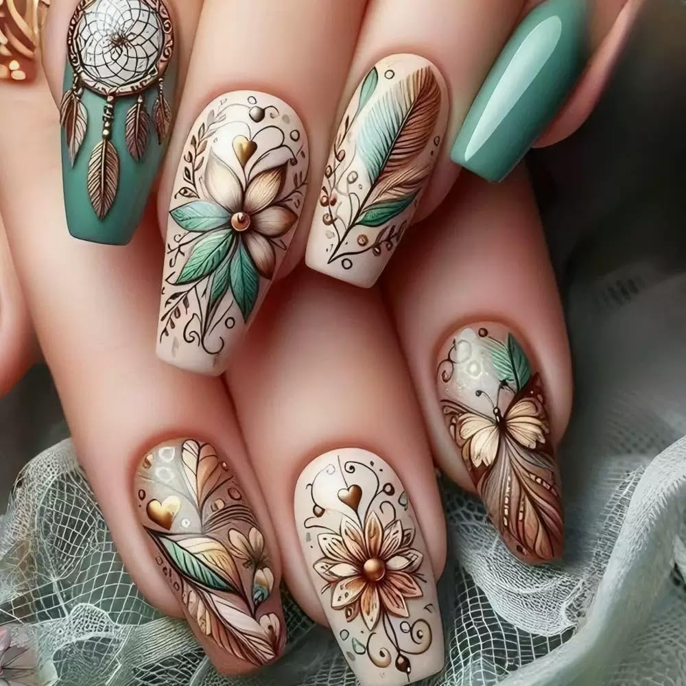 Medium Press on Nails Coffin Fake Nails with Flower Butterfly Design Glue on Nails Green False Nails Full Cover Stick on Nails Spring Acrylic Nails Elegant Artificial Nails for Women 24Pcs