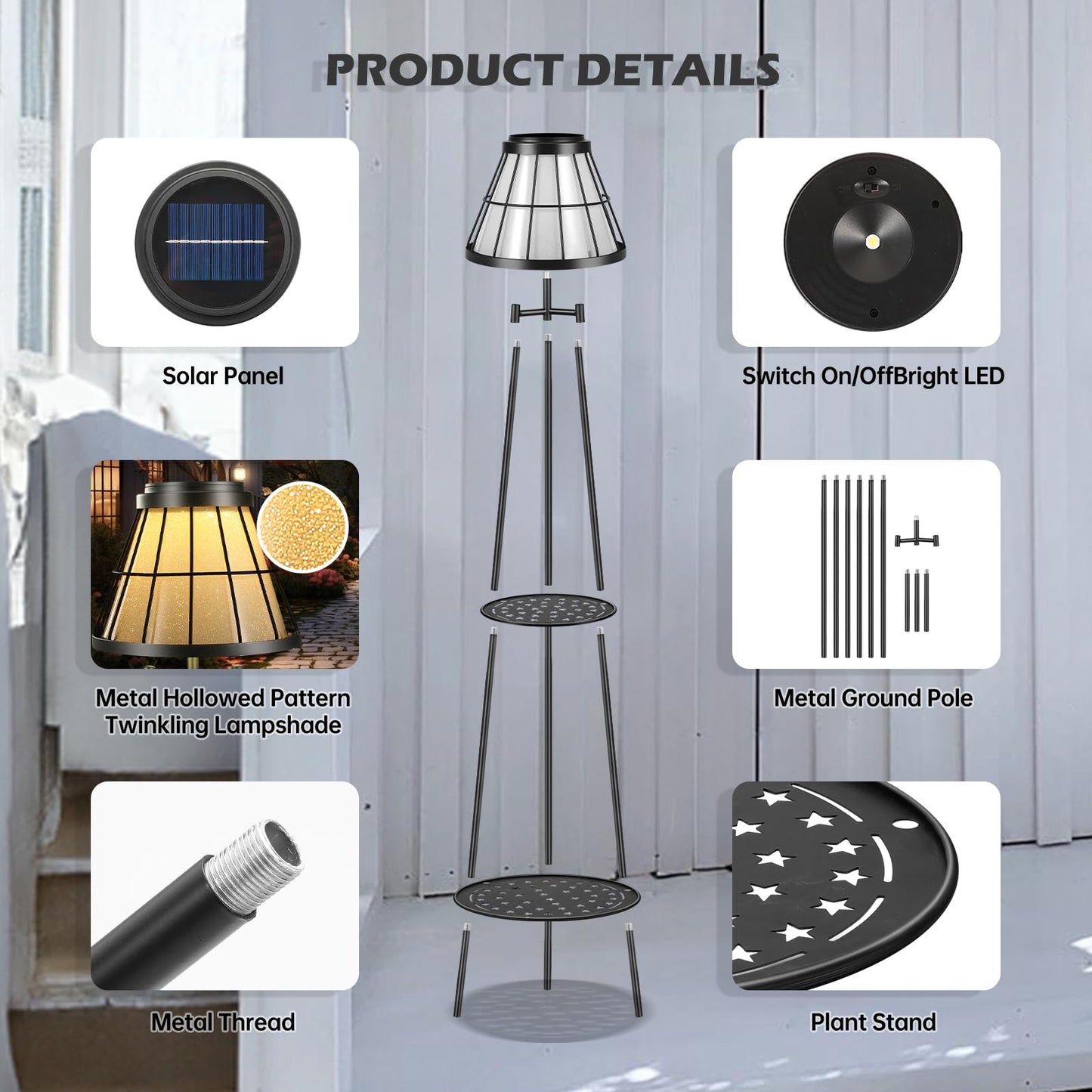 MXwcy 2-Tier Solar Plant Stand with Light, Modern Outdoor Floor Lamp with Classic Grid Lantern, Waterproof Tall Metal Planter Display Rack for Patio, Porch, Balcony, Garden Decor (2 Pack)