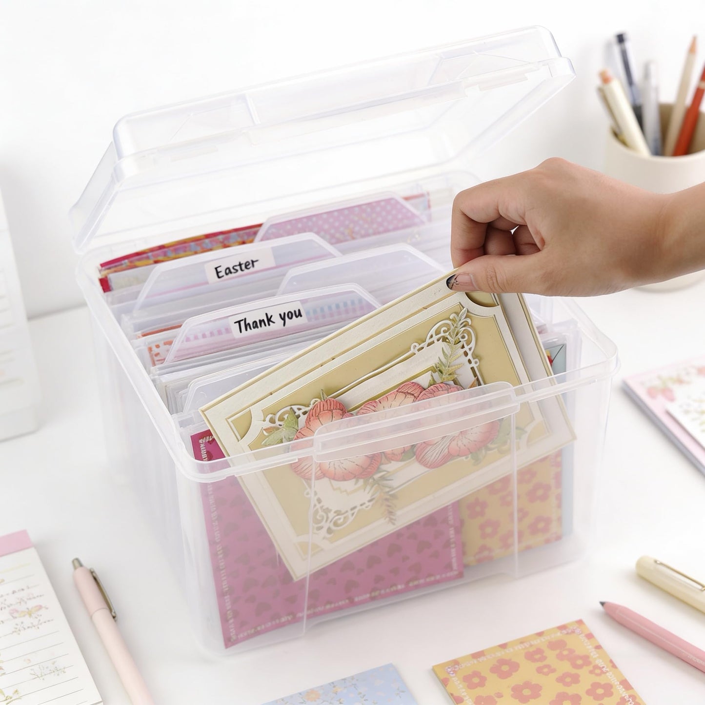 Find Scrapblooms Greeting Card Storage & Organizer Box with 6 Removable Dividers for Holiday Birthday Get Well Cards Photos, Crafts, Scrapbooking(Clear)